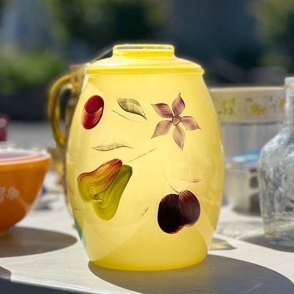 BARTLETT COLLINS Cookie Jar Yellow Glass with Fruits & Flowers Made in USA 1960s - Picture 2 of 7